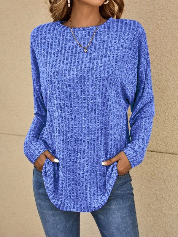 Women's Vertical Rib Longline Crew Sweater with Side Pockets - Blue