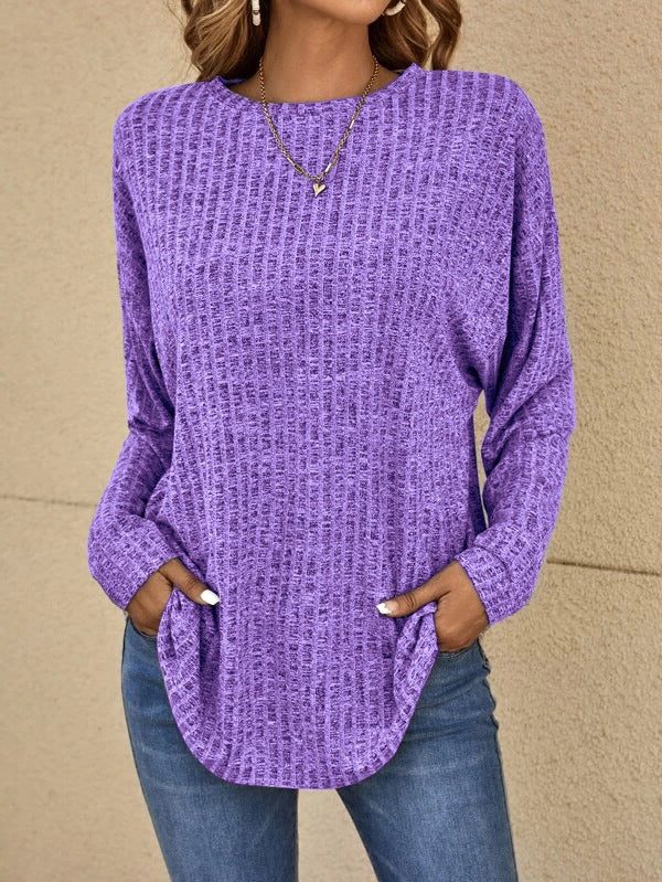 Women's Vertical Rib Longline Crew Sweater with Side Pockets - Purple