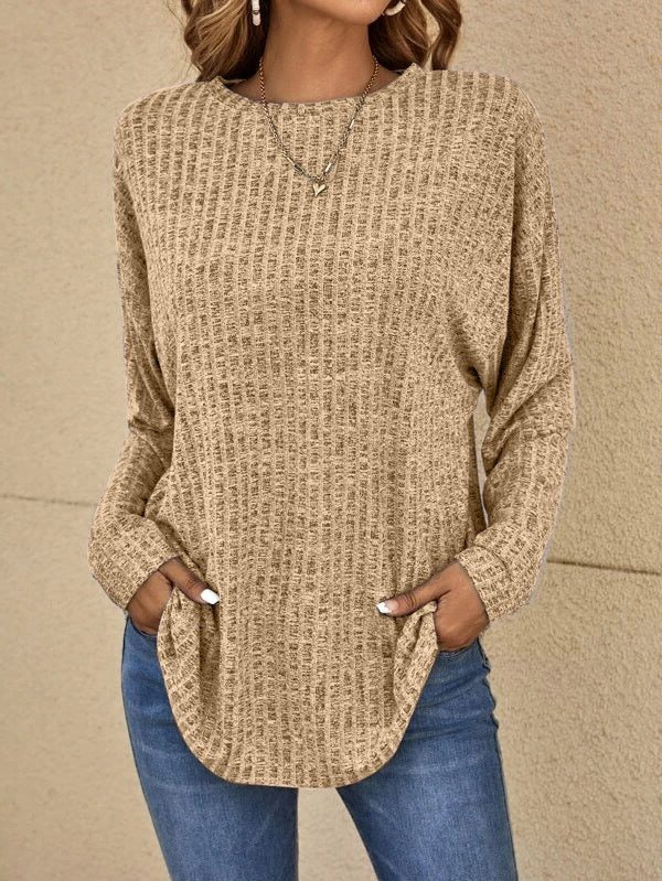 Women's Vertical Rib Longline Crew Sweater with Side Pockets - Khaki