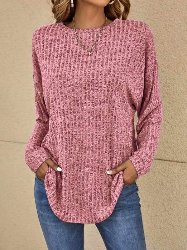 Women's Vertical Rib Longline Crew Sweater with Side Pockets - Pink