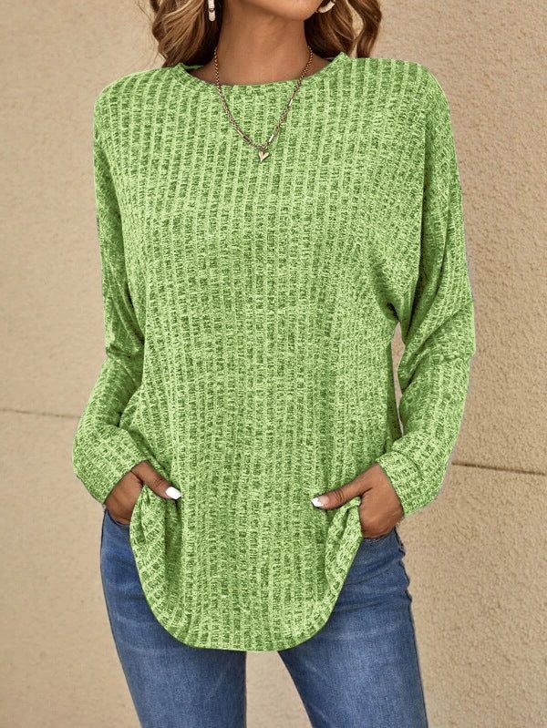Women's Vertical Rib Longline Crew Sweater with Side Pockets - Green