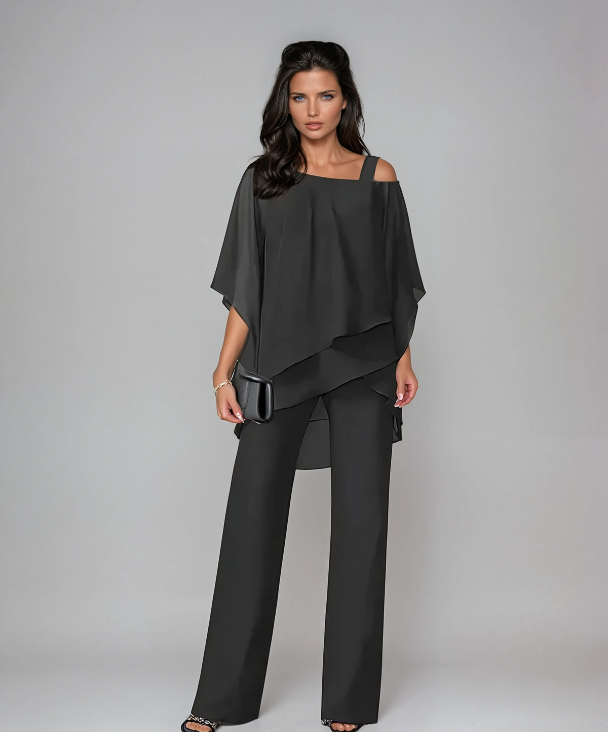 Women's Graceful Two-Piece Occasion Outfit with Tiered Top - Black