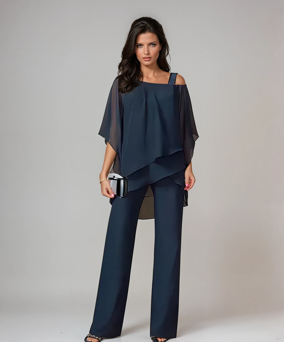 Women's Graceful Two-Piece Occasion Outfit with Tiered Top - Navy Blue