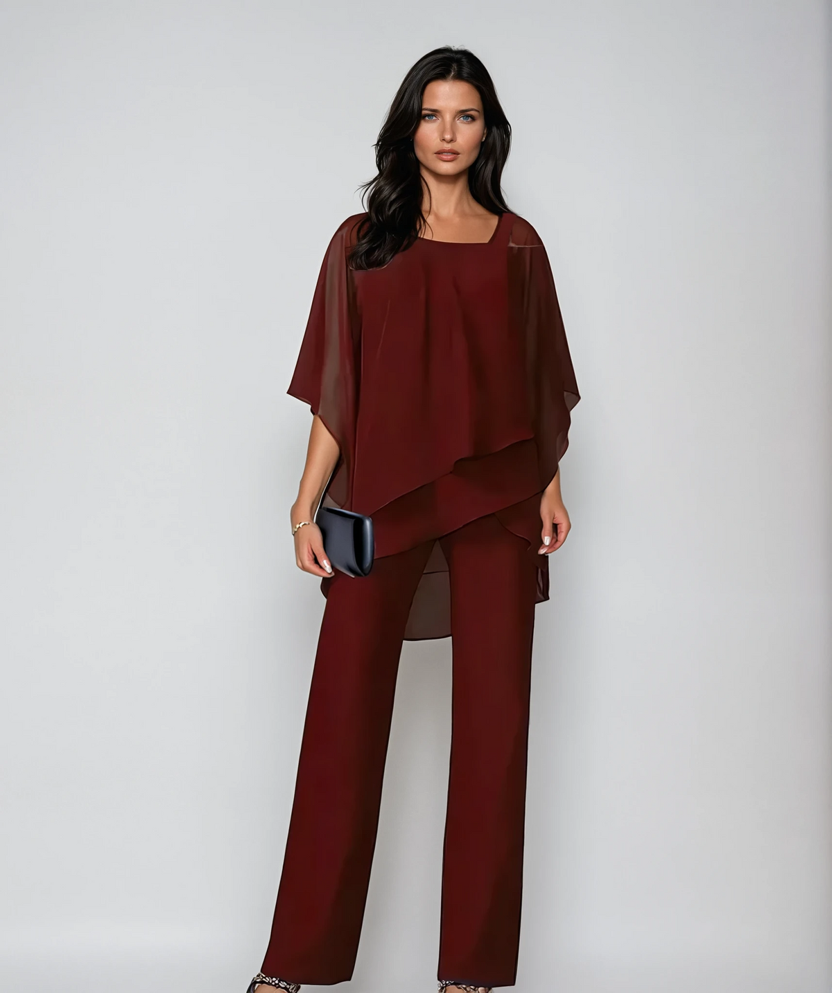 Women's Graceful Two-Piece Occasion Outfit with Tiered Top - Red