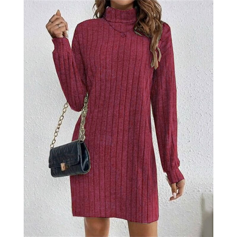 Women's Stretchy High Neck Knit Dress - Wine