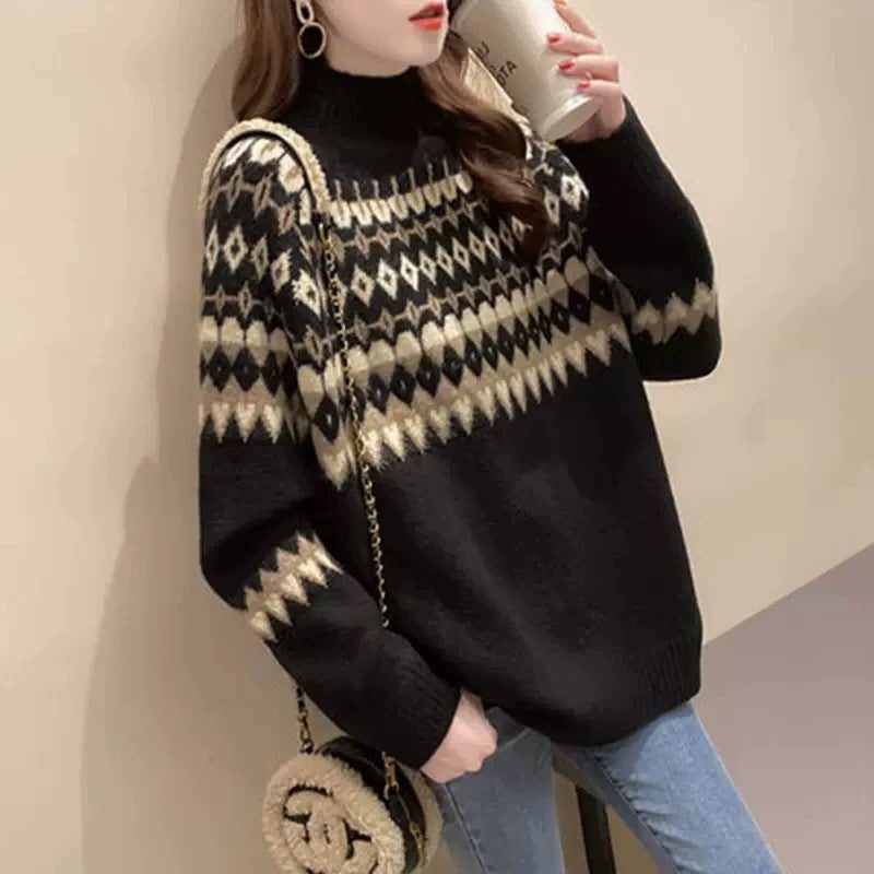 Women's Patterned Turtleneck Knit Sweater - Black