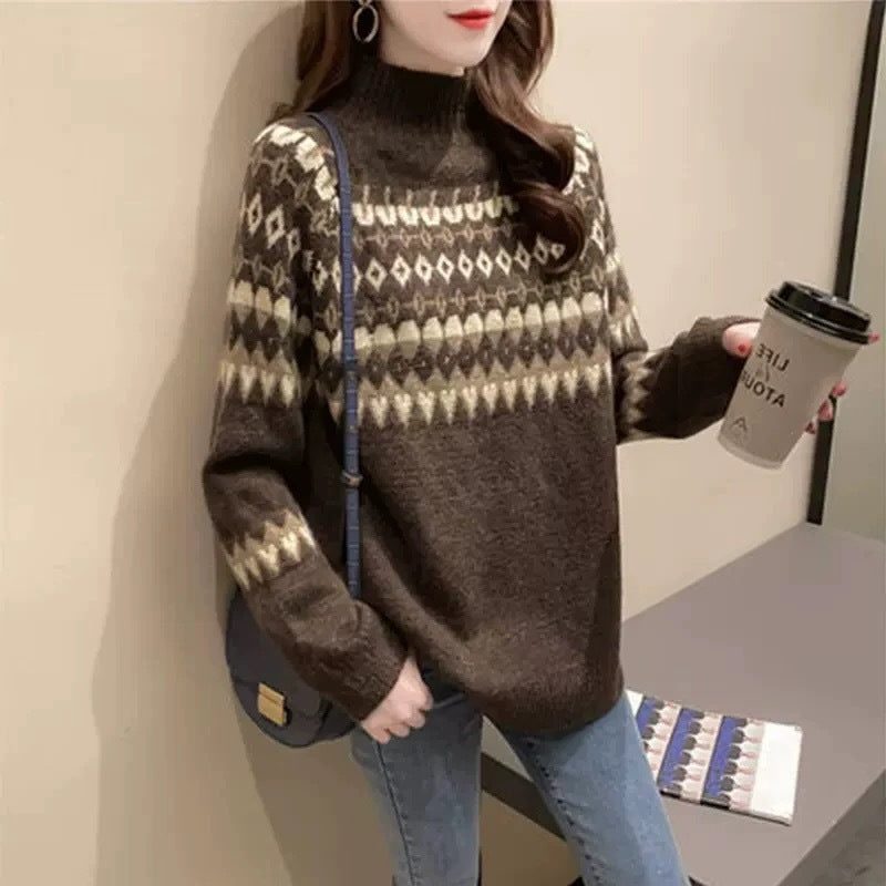 Women's Patterned Turtleneck Knit Sweater - Brown