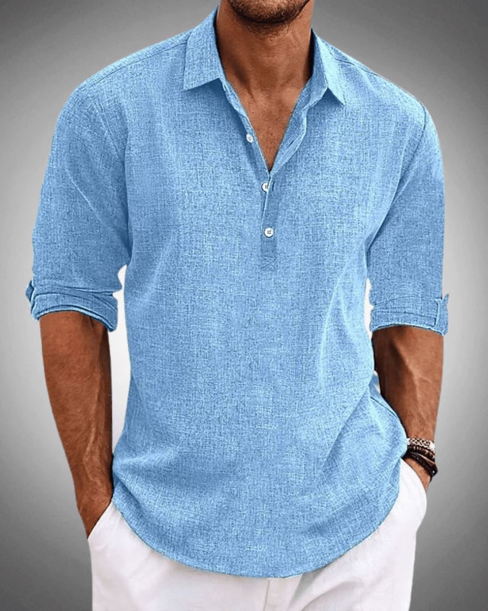 Men's Cotton Popover Shirt Breathable Roll Sleeve Top