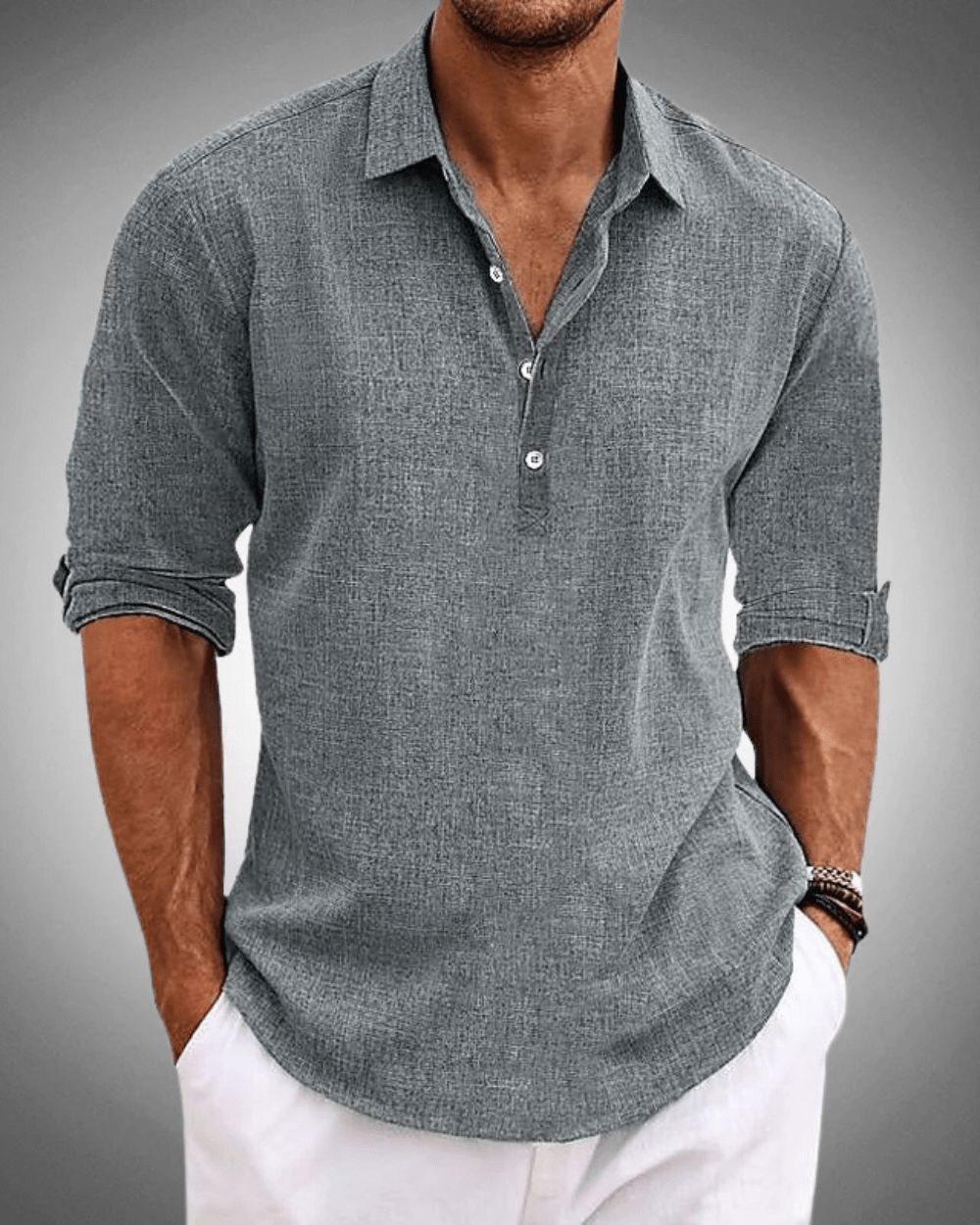 Men's Cotton Popover Shirt Breathable Roll Sleeve Top