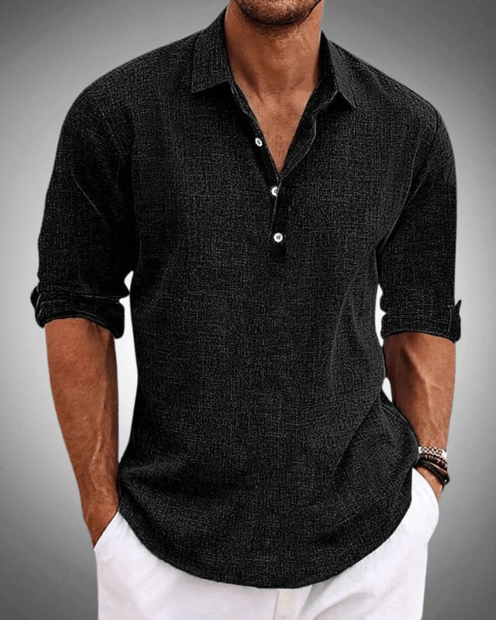 Men's Cotton Popover Shirt Breathable Roll Sleeve Top
