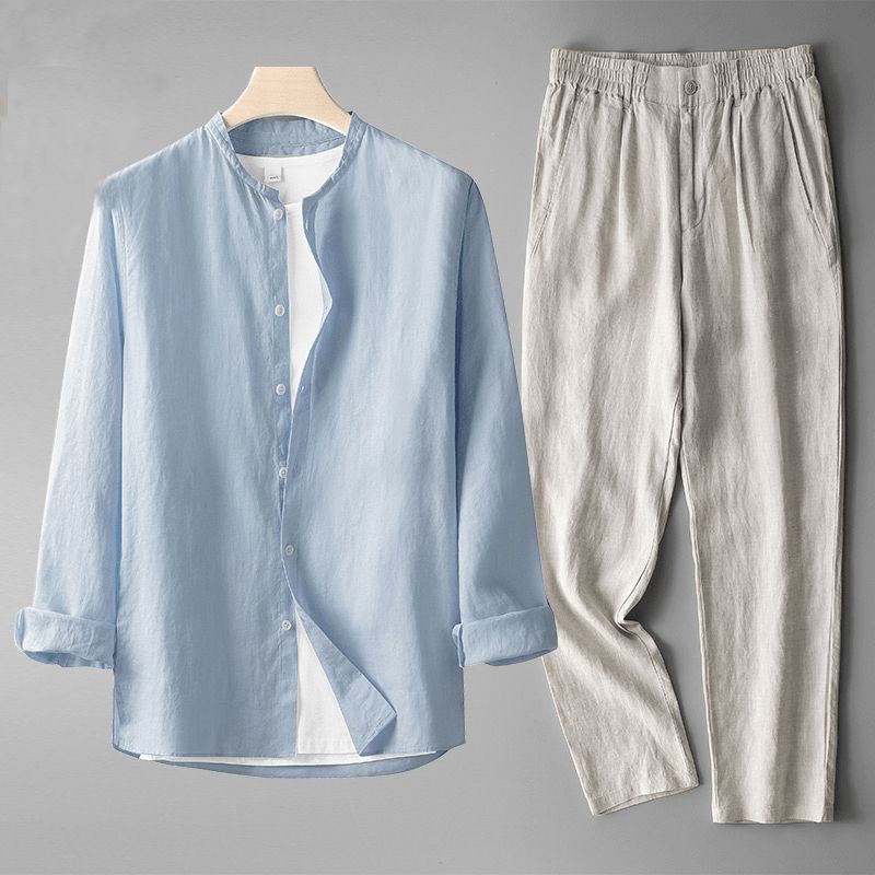 Men's Linen Shirt and Trousers Set Breathable Summer Outfit