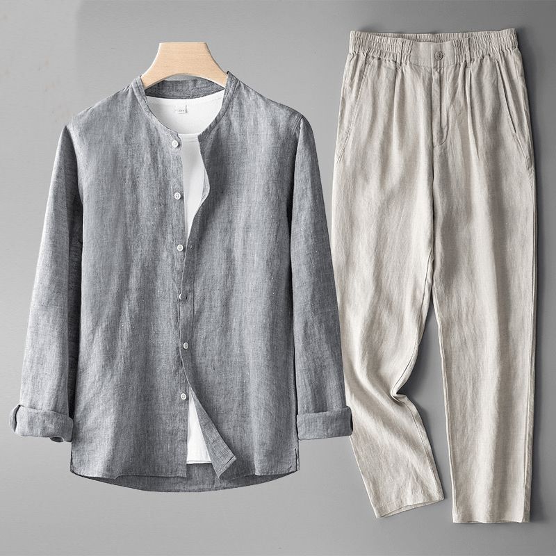 Men's Linen Shirt and Trousers Set Breathable Summer Outfit