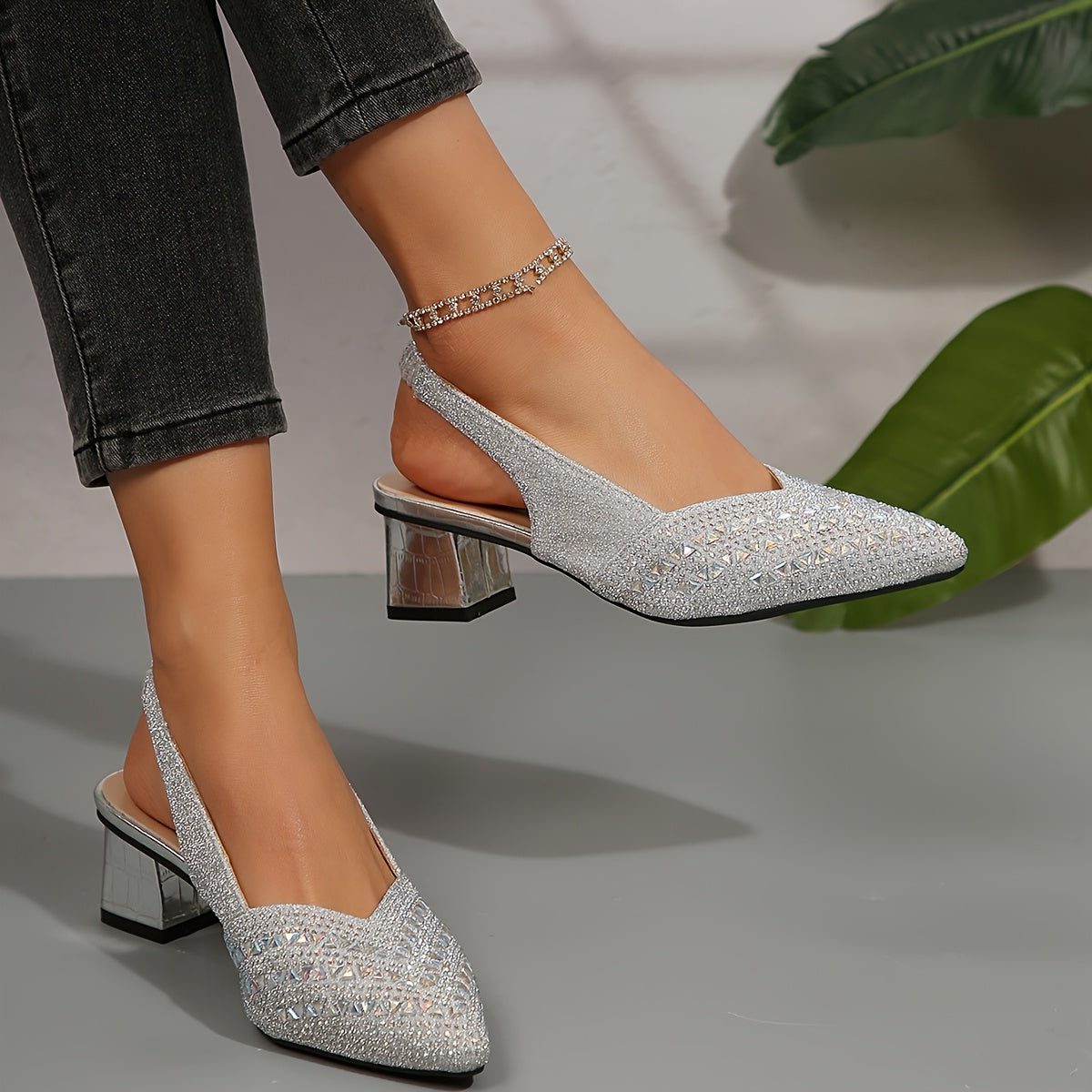 Women's Shimmer-Textured Pointed Pumps with Low Block Heel