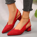 Women's Shimmer-Textured Pointed Pumps with Low Block Heel - Red