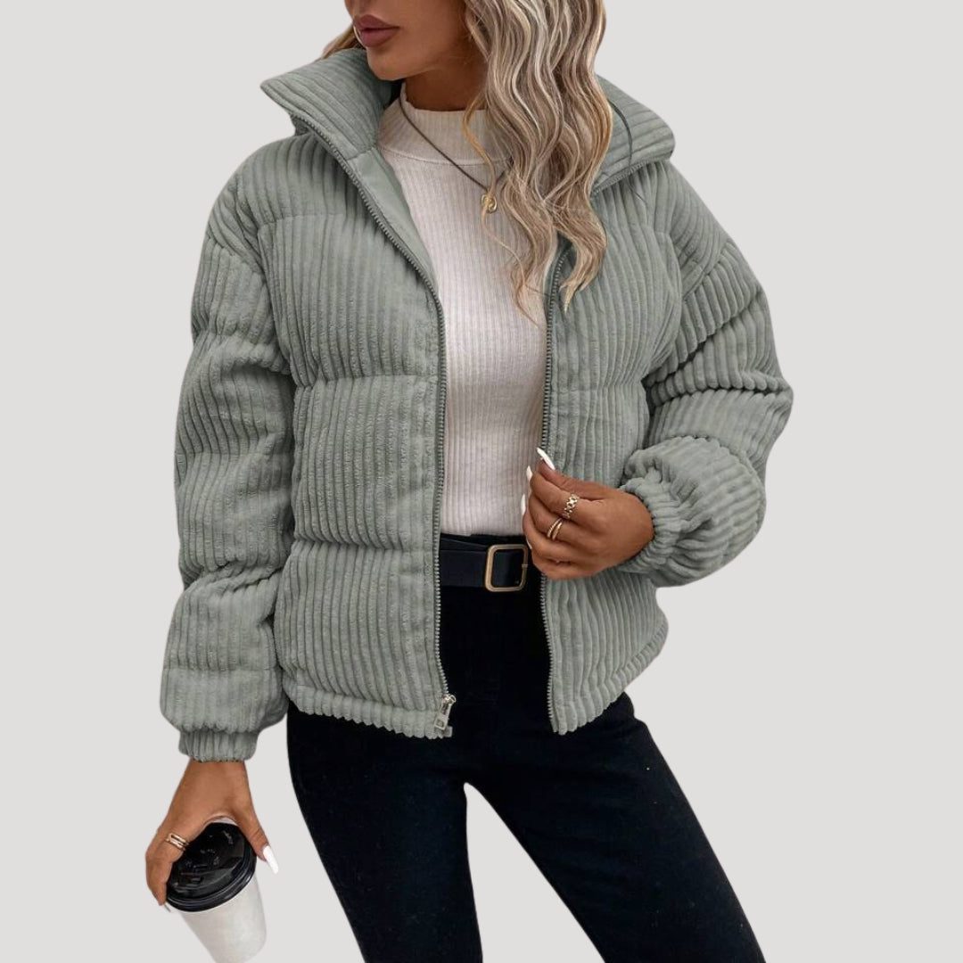 Women's Cord Quilted Bomber with Full Zip and Hood - Gray