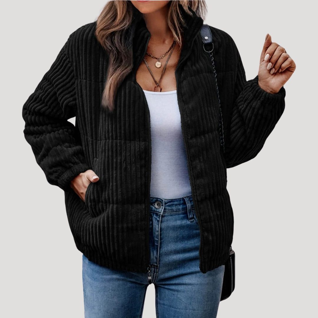 Women's Cord Quilted Bomber with Full Zip and Hood - Black