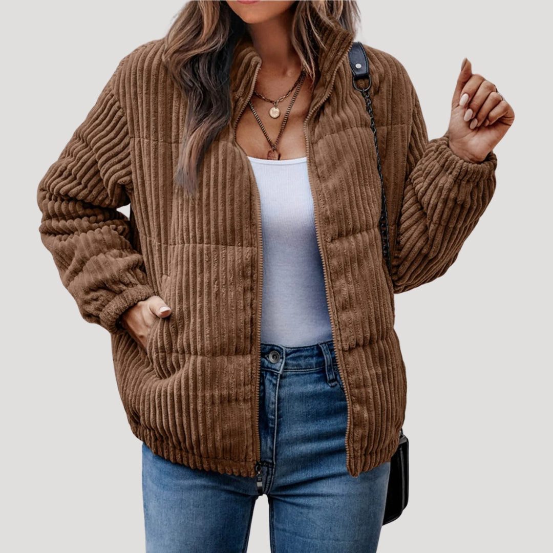 Women's Cord Quilted Bomber with Full Zip and Hood - Brown