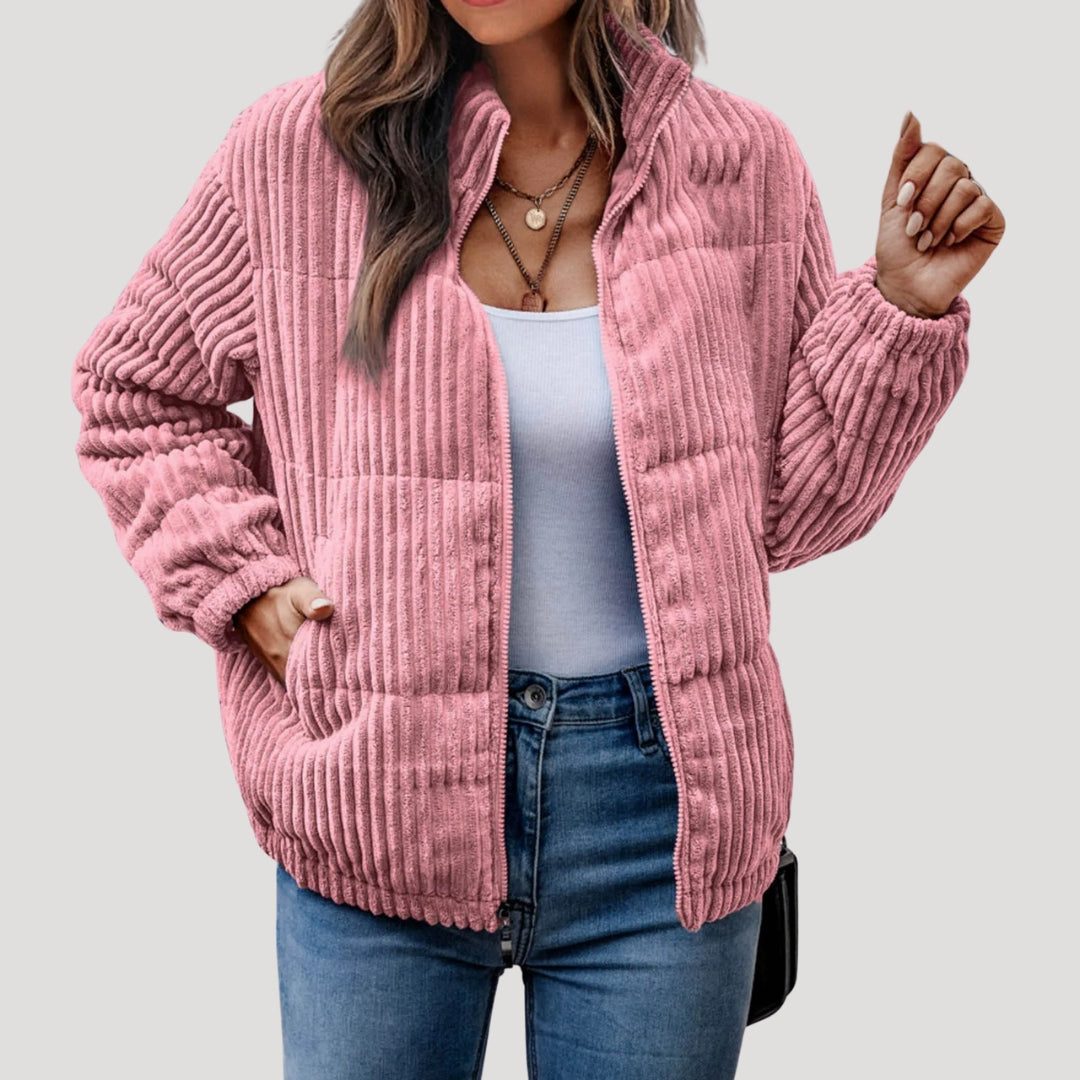 Women's Cord Quilted Bomber with Full Zip and Hood - Pink