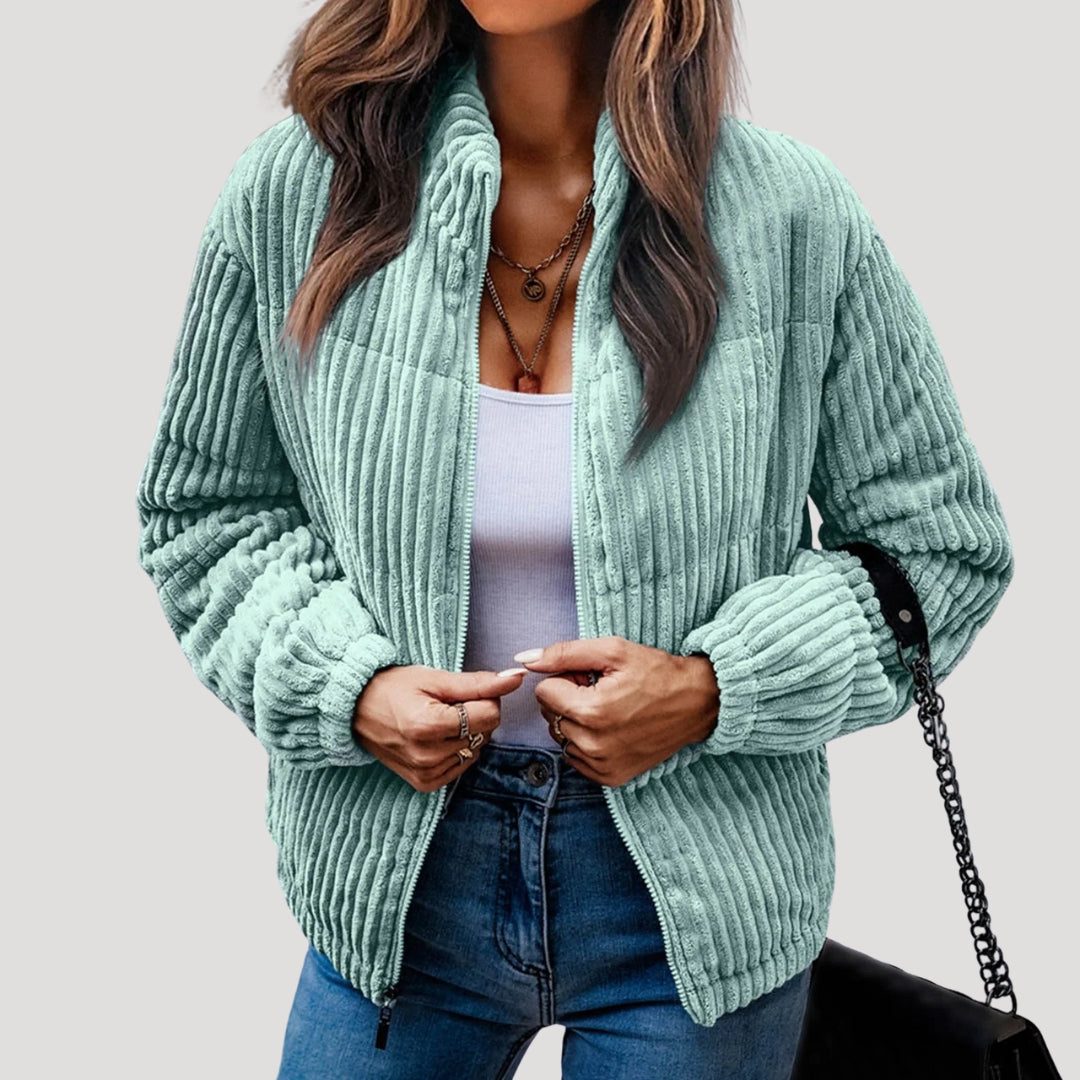 Women's Cord Quilted Bomber with Full Zip and Hood - Green