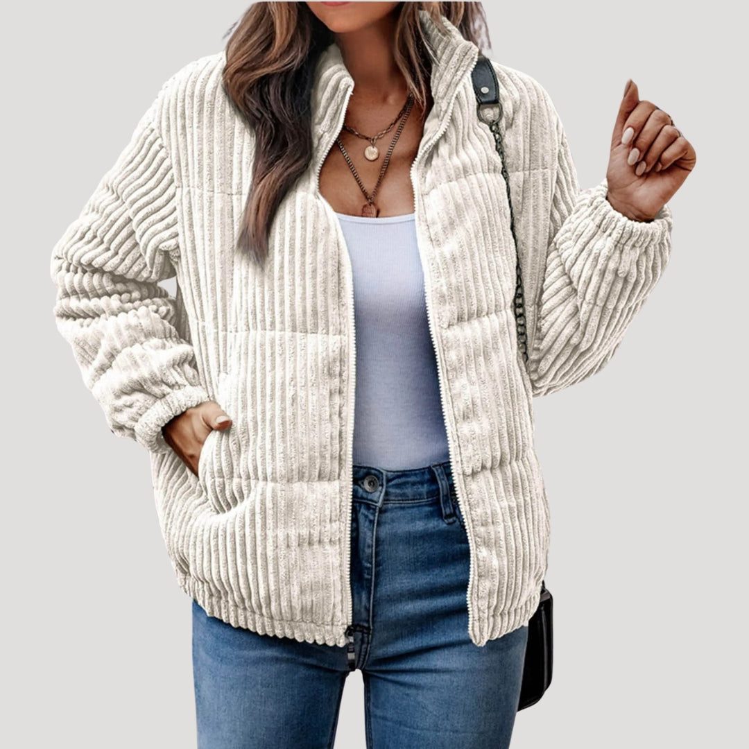 Women's Cord Quilted Bomber with Full Zip and Hood - Beige