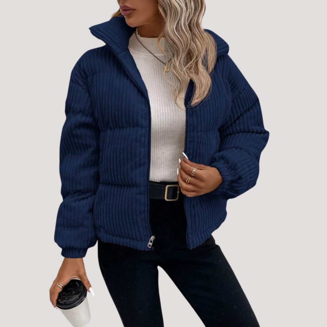 Women's Cord Quilted Bomber with Full Zip and Hood - Navy