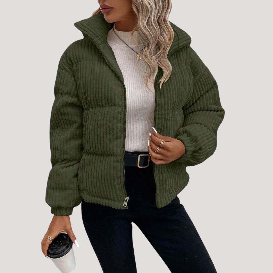 Women's Cord Quilted Bomber with Full Zip and Hood - Dark Green