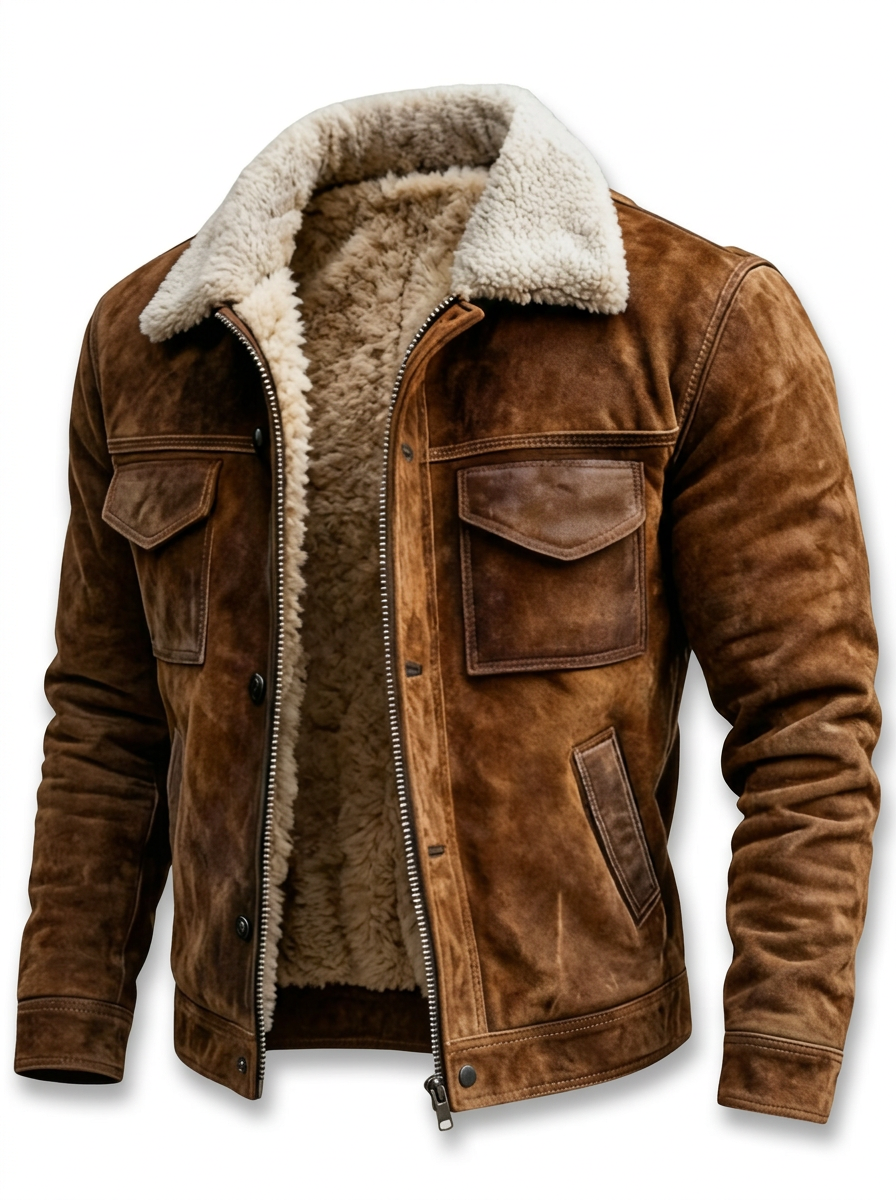 Men's Sherpa Collar Flight Jacket in Brushed Leather-Look Finish