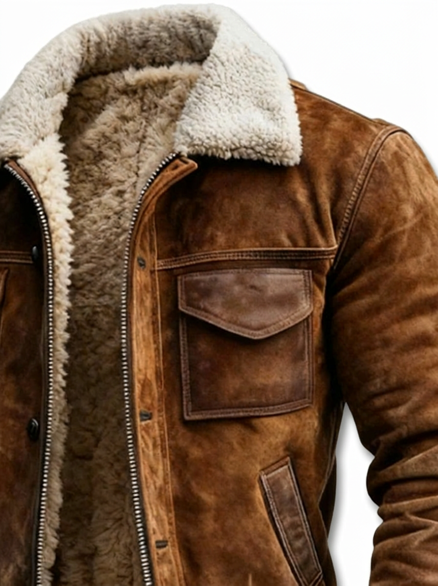Men's Sherpa Collar Flight Jacket in Brushed Leather-Look Finish