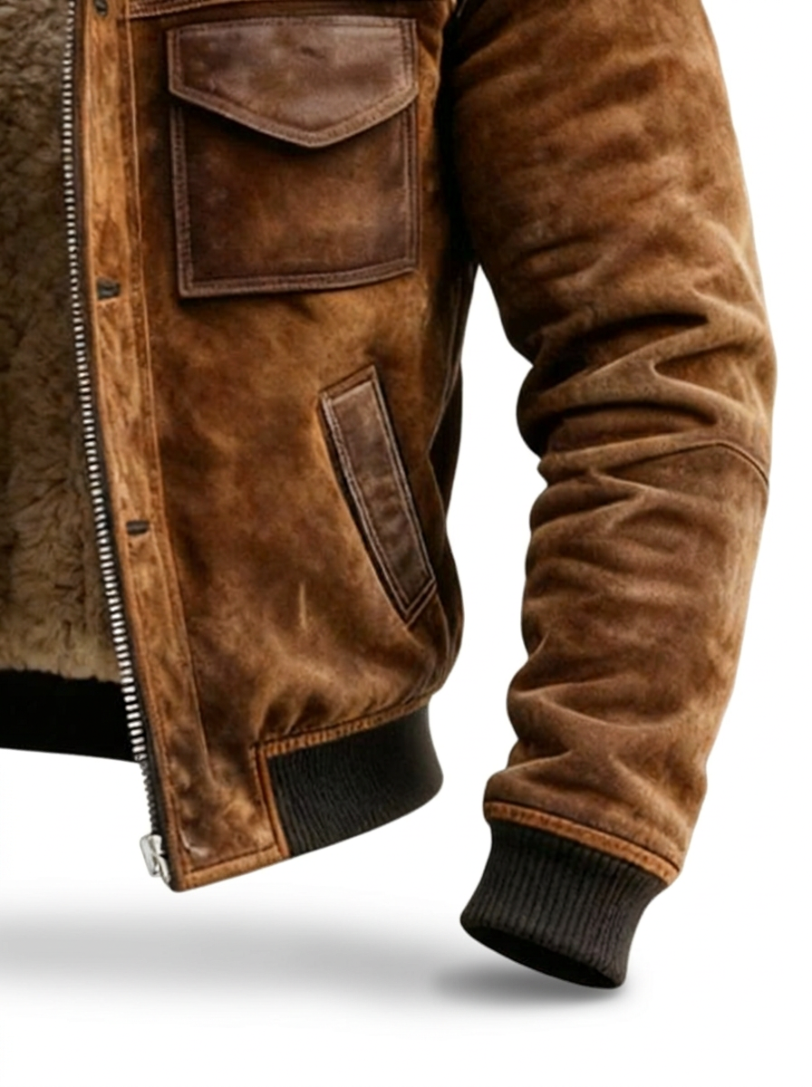 Men's Sherpa Collar Flight Jacket in Brushed Leather-Look Finish