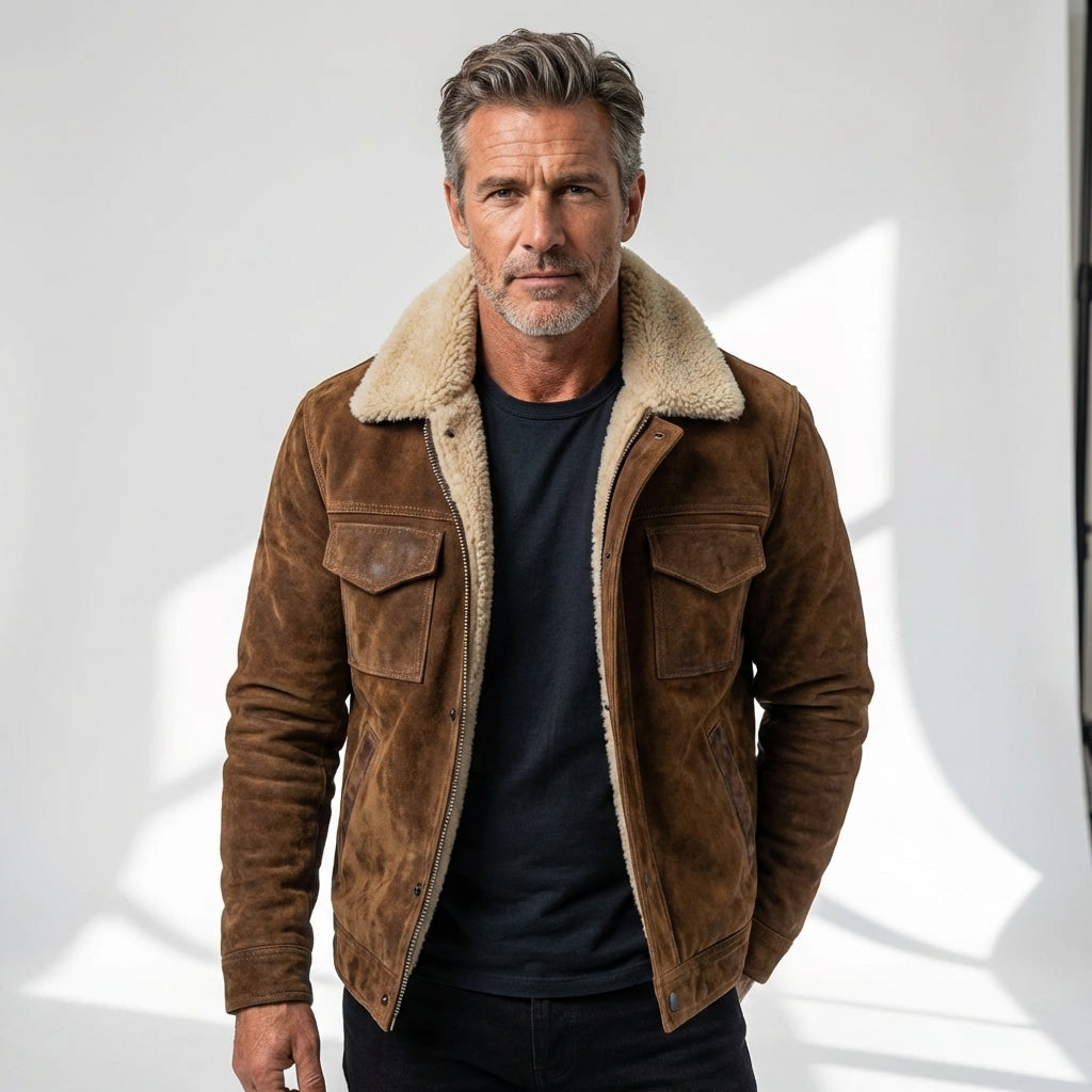 Men's Sherpa Collar Flight Jacket in Brushed Leather-Look Finish