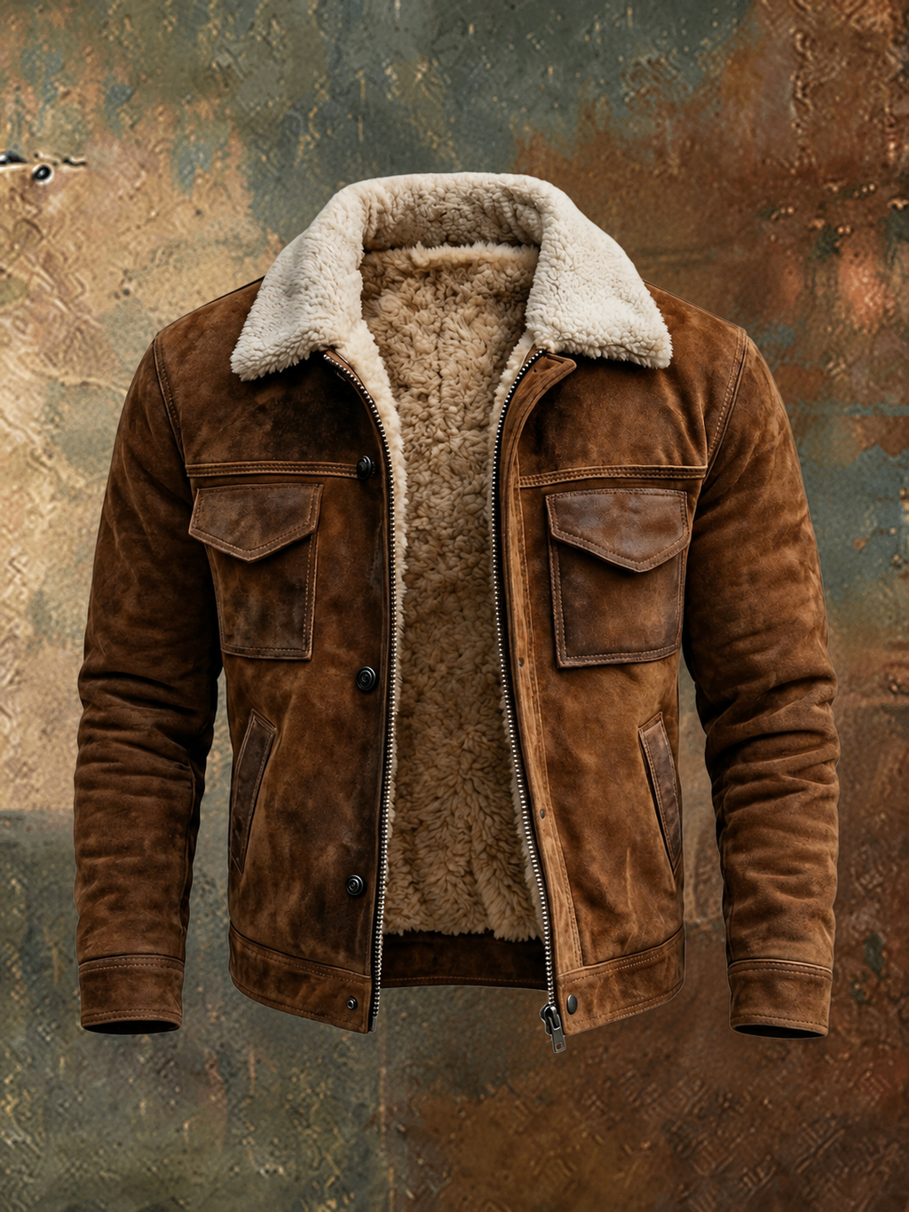 Men's Sherpa Collar Flight Jacket in Brushed Leather-Look Finish - Brown