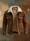 Men's Sherpa Collar Flight Jacket in Brushed Leather-Look Finish - Brown
