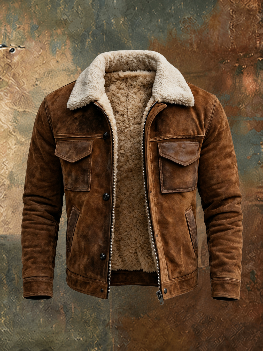 Men's Sherpa Collar Flight Jacket in Brushed Leather-Look Finish - Brown