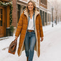 Women's Long Quilted Puffer Jacket with Sherpa Reverse Side - Brown
