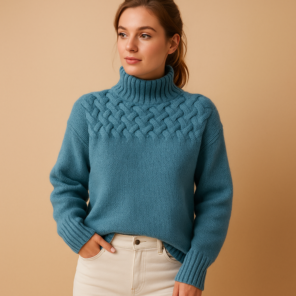 Women's Textured Yoke Relaxed Turtleneck Sweater - Blue Green