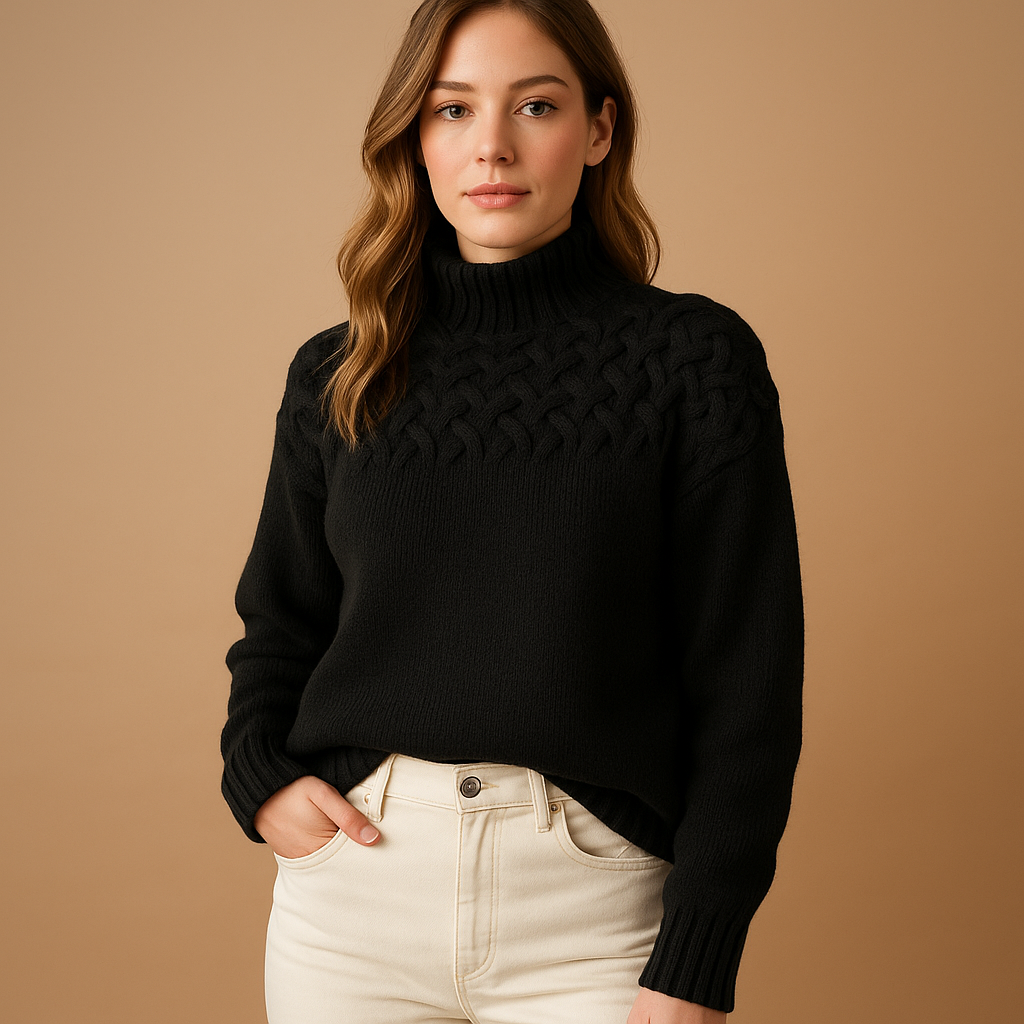 Women's Textured Yoke Relaxed Turtleneck Sweater - Black