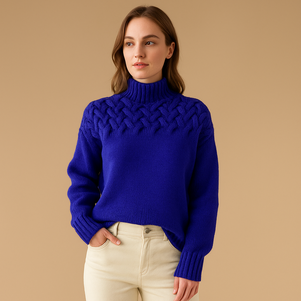 Women's Textured Yoke Relaxed Turtleneck Sweater - Royal Blue