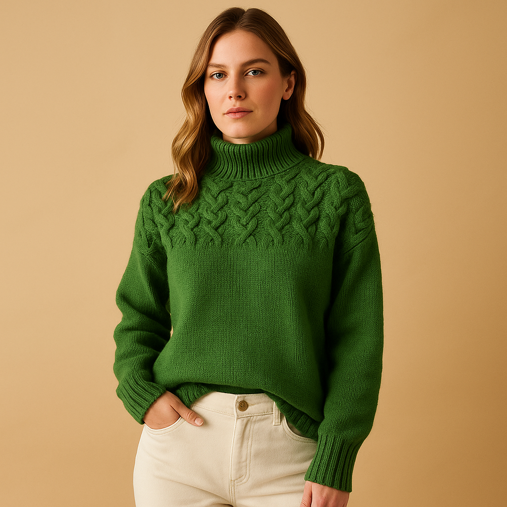 Women's Textured Yoke Relaxed Turtleneck Sweater - Green