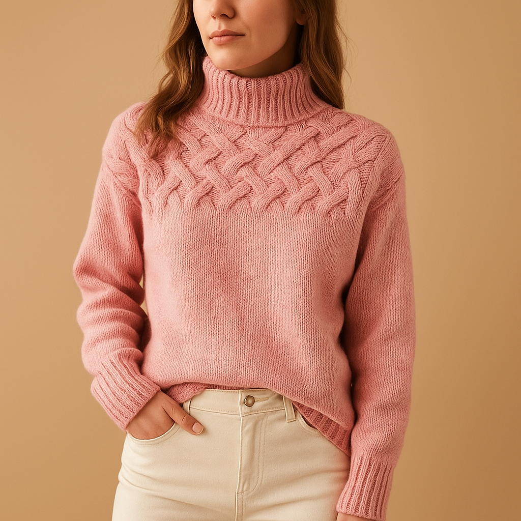 Women's Textured Yoke Relaxed Turtleneck Sweater - Pink