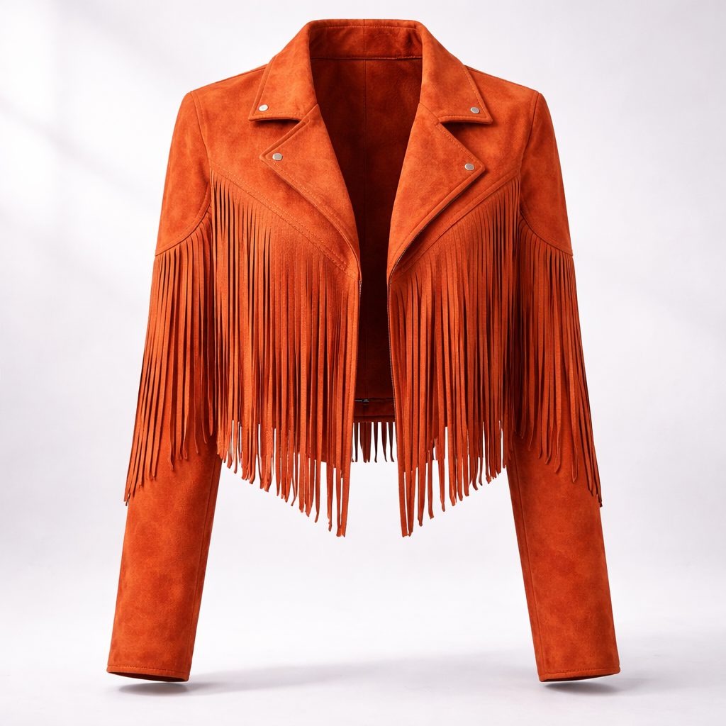 Women's Festival Fringe Jacket in Soft Faux Suede - Orange