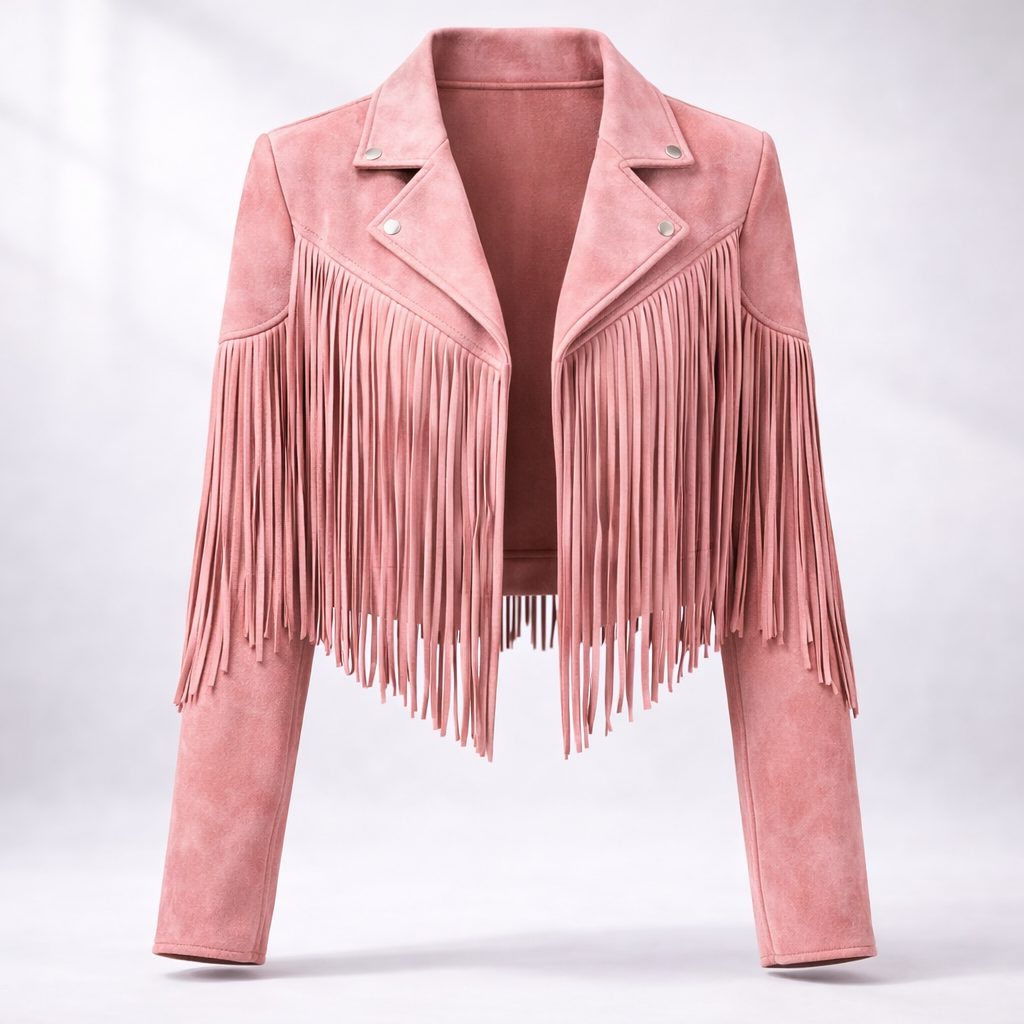 Women's Festival Fringe Jacket in Soft Faux Suede - Pink