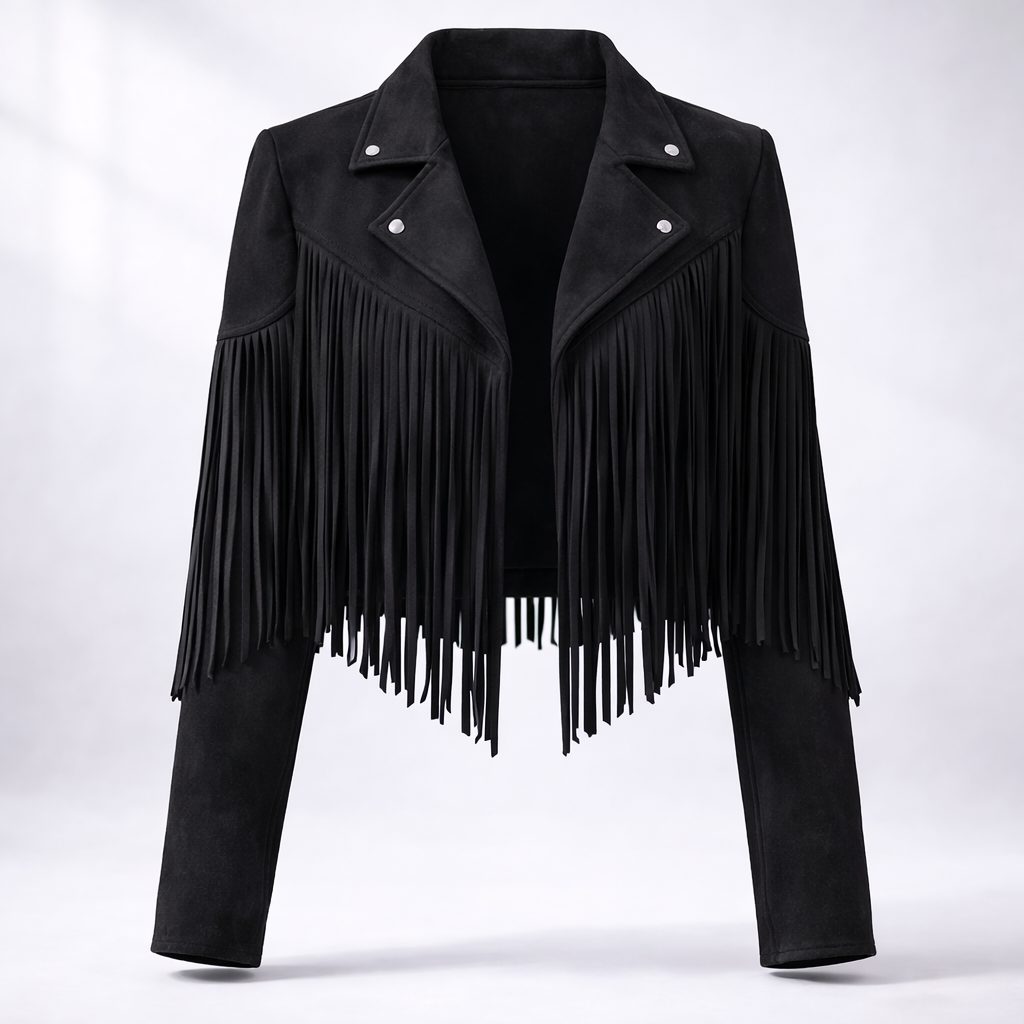 Women's Festival Fringe Jacket in Soft Faux Suede - Black