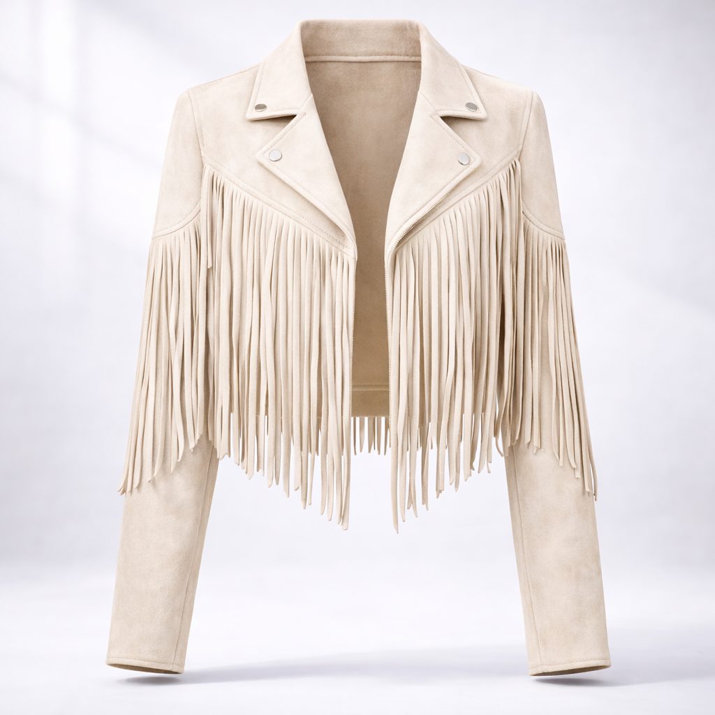 Women's Festival Fringe Jacket in Soft Faux Suede - White