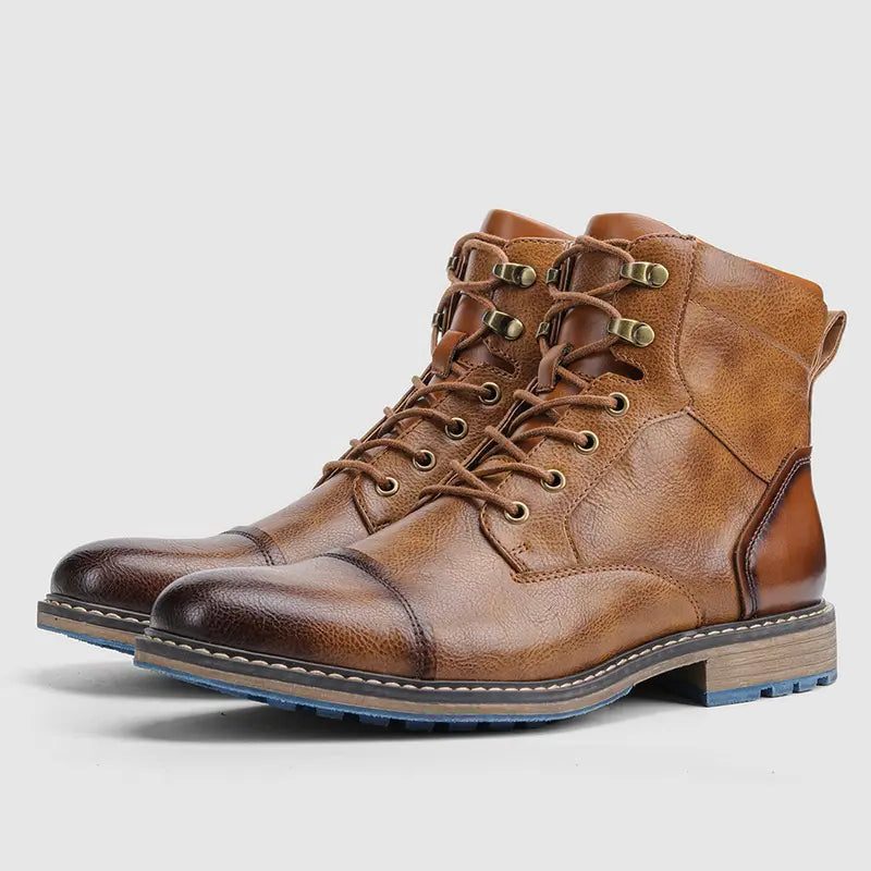Men's Stitched Toecap Leather Work Boots with Speed Hooks - Brown