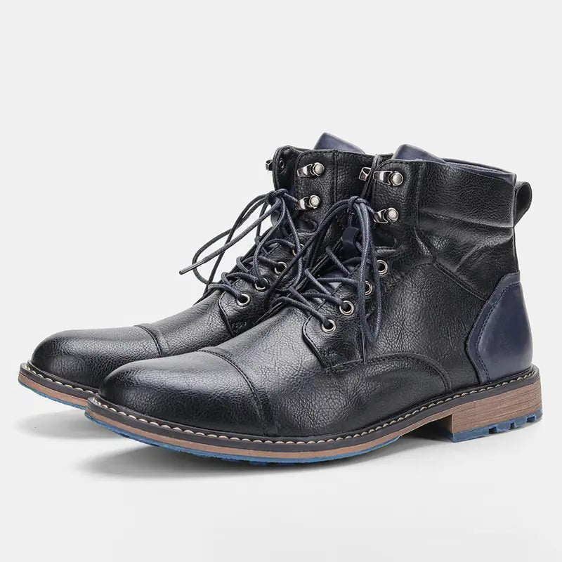Men's Stitched Toecap Leather Work Boots with Speed Hooks - Black
