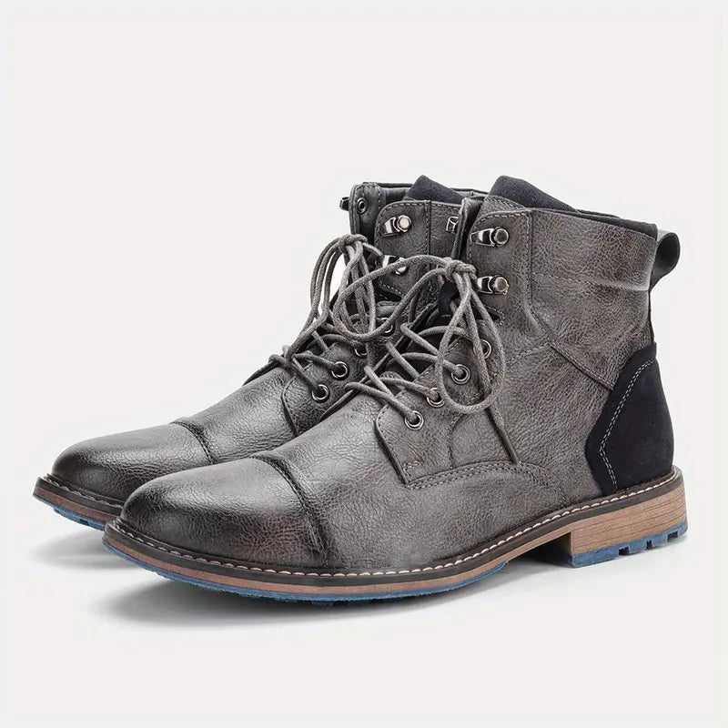 Men's Stitched Toecap Leather Work Boots with Speed Hooks - Gray