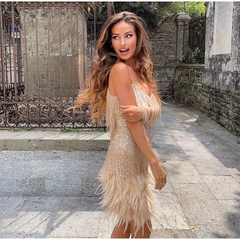 Women's Sequin Bodice Mini Dress with Feather Fringe Hem