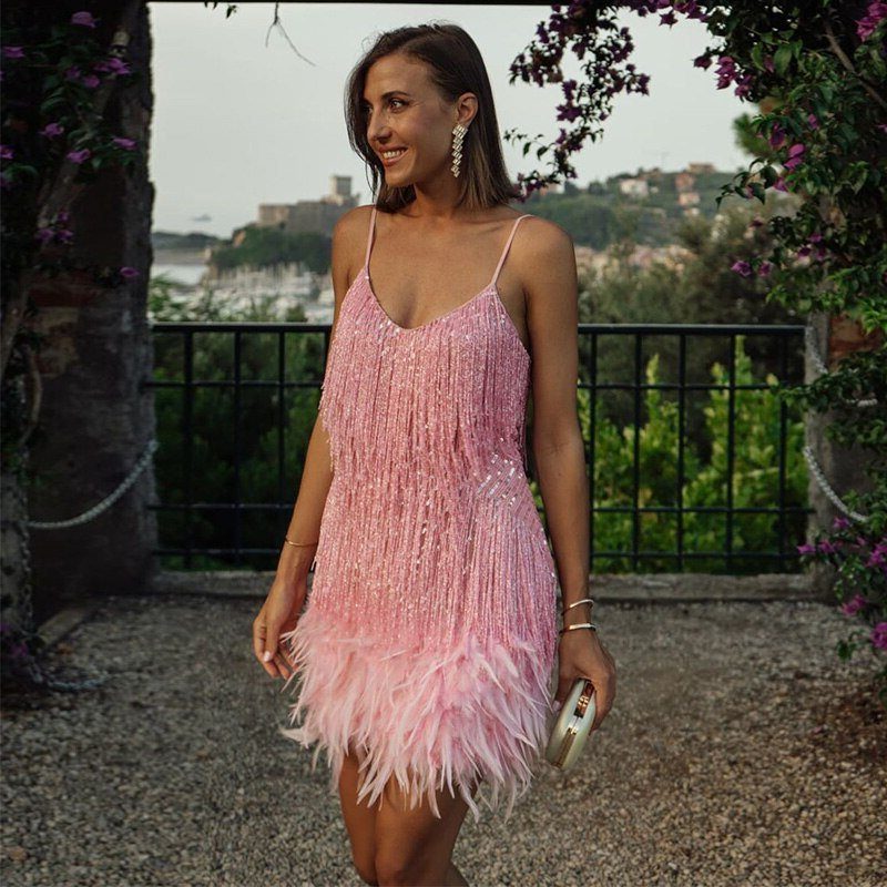 Women's Sequin Bodice Mini Dress with Feather Fringe Hem
