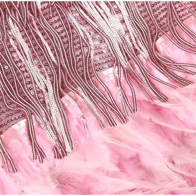 Women's Sequin Bodice Mini Dress with Feather Fringe Hem