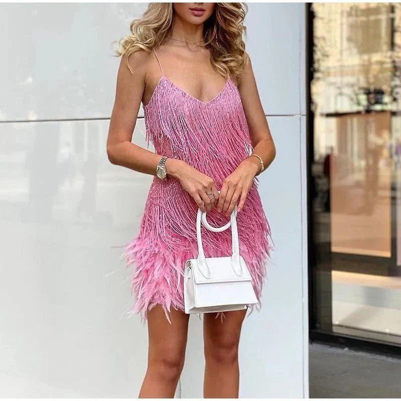 Women's Sequin Bodice Mini Dress with Feather Fringe Hem - Pink